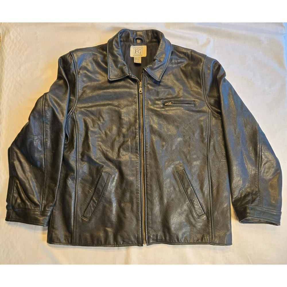 Black Leather Jacket Mens Size XL Full Zip 4 Pocket Lined Heavy Field Gear VTG